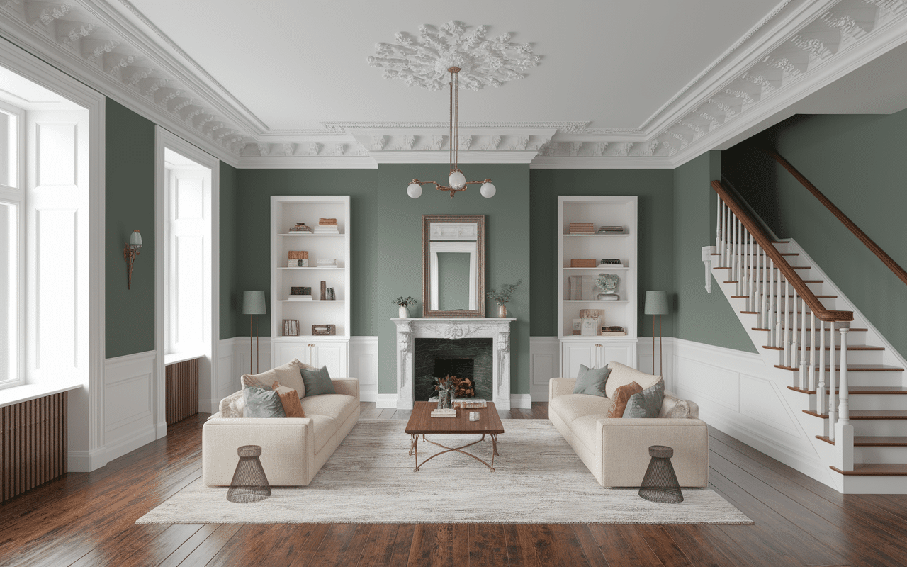 Intérieur maison londonienne sur trois étages avec moulures et bow-windows