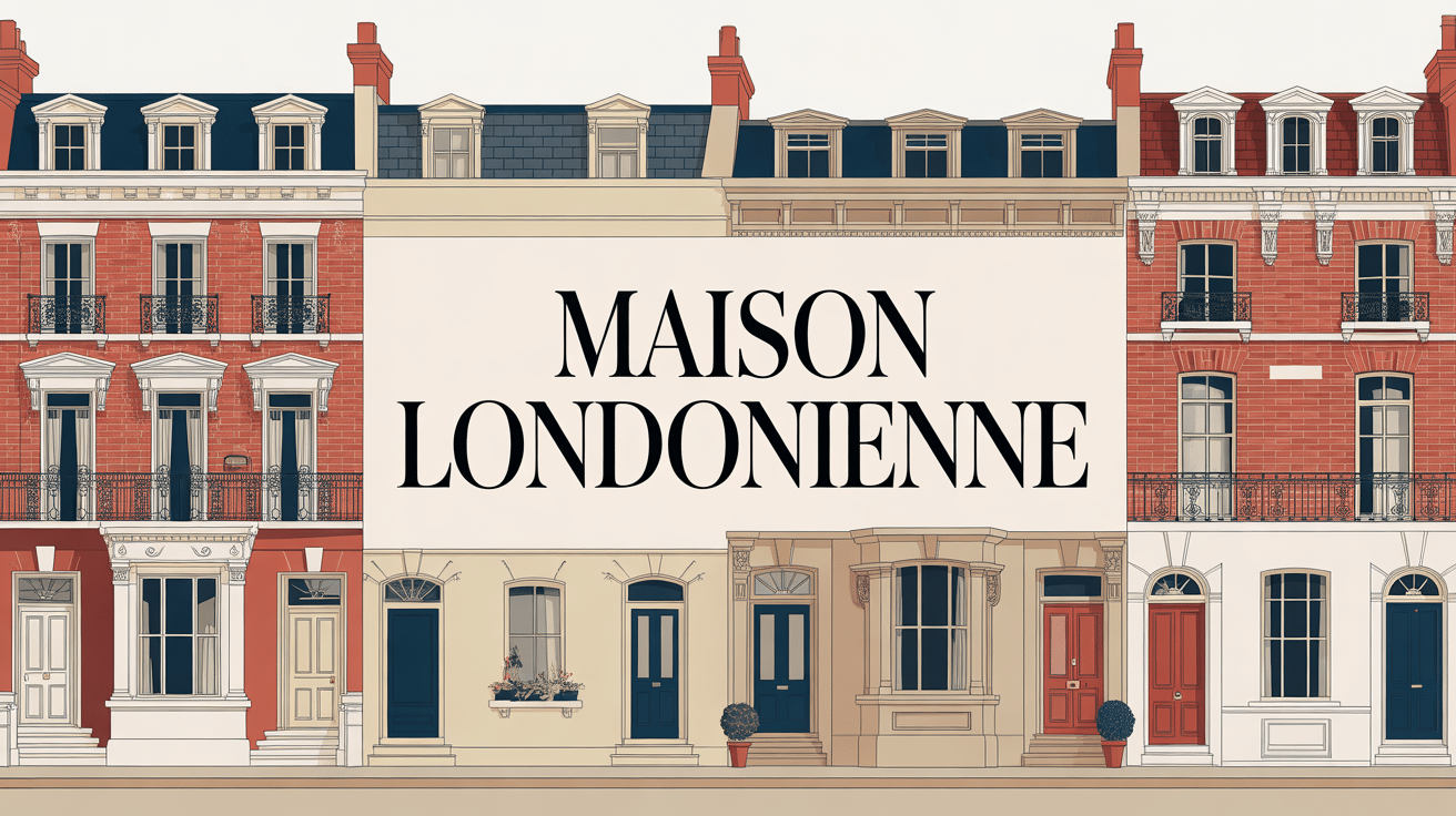 Façade maison londonienne en briques avec bow-windows et portes colorées