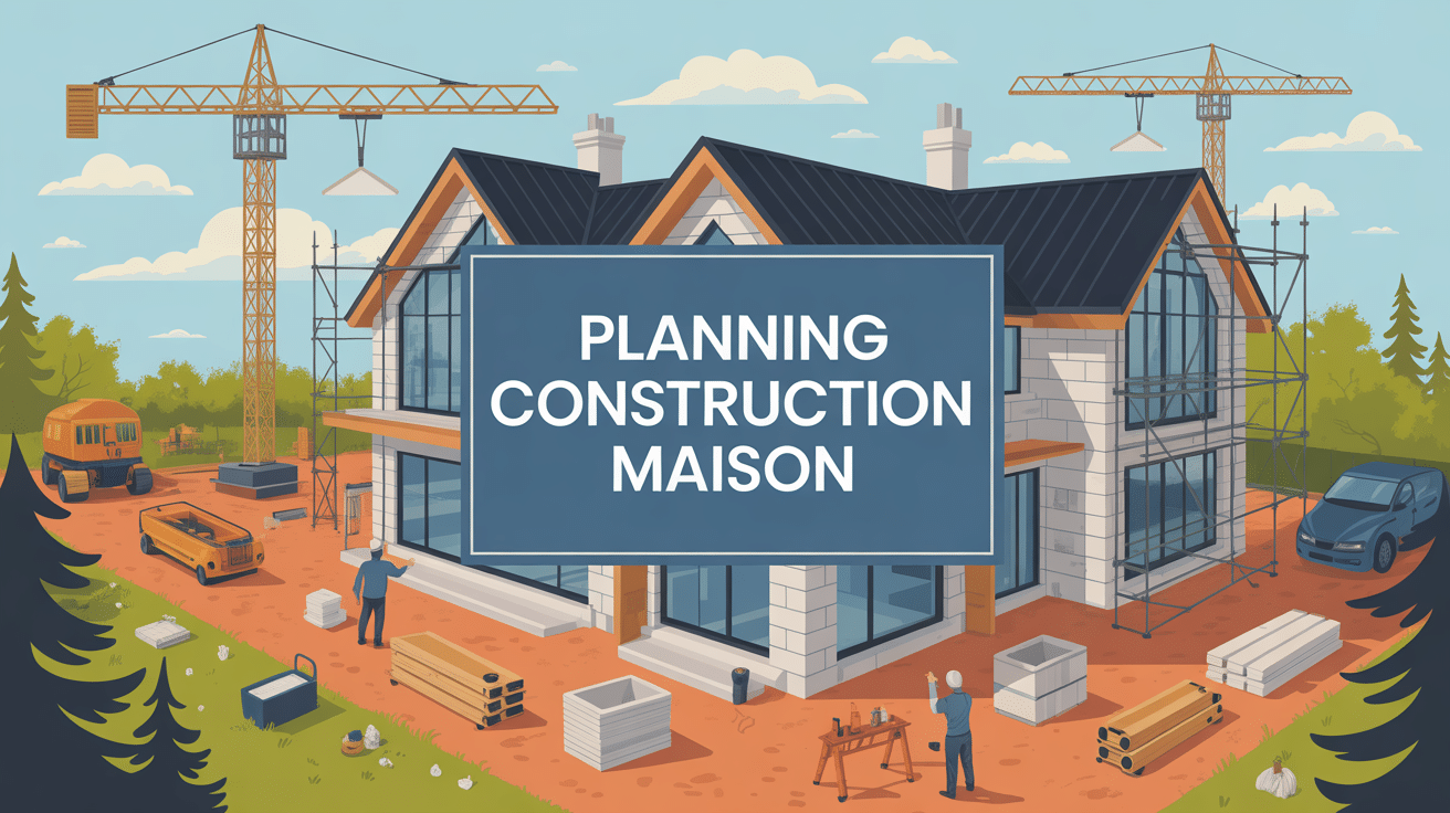 Vue aérienne d'un planning construction maison sur chantier moderne