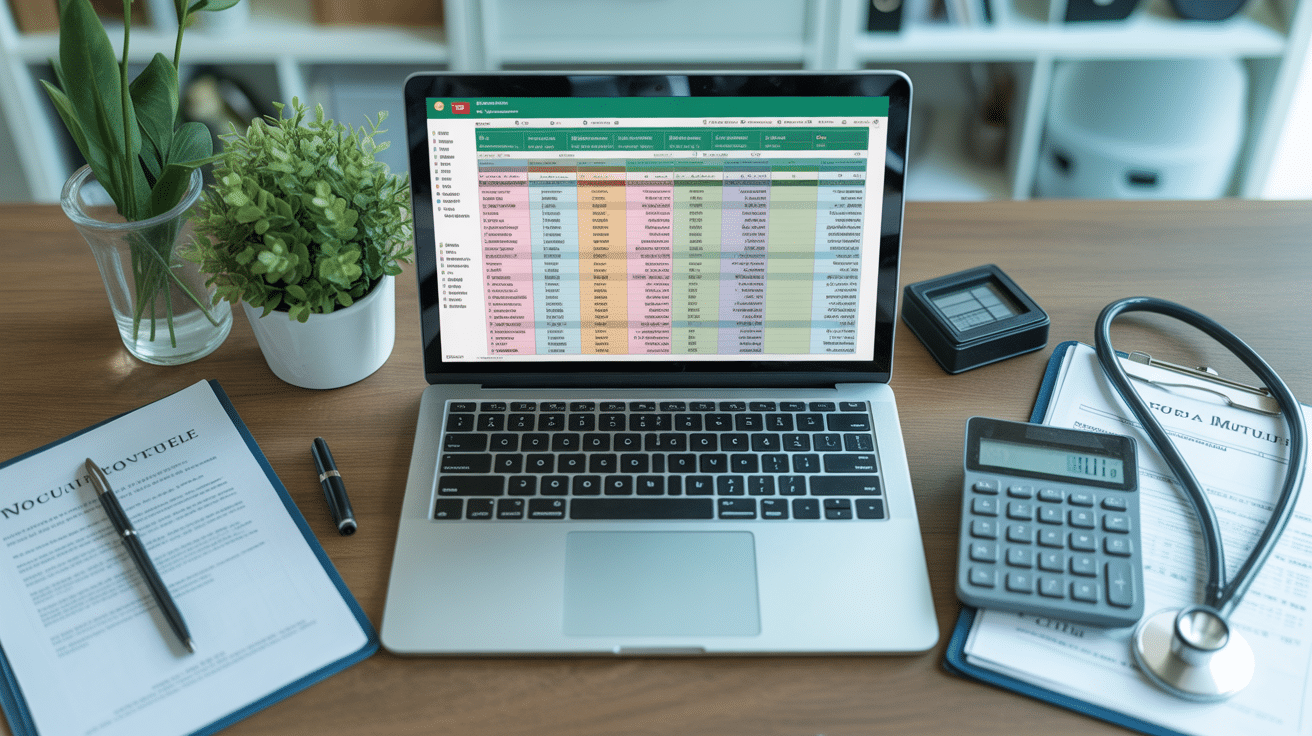 bureau avec ordinateur affichant tableau excel comparatif mutuelle