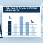 Illustration tableau remboursement mutuelle Génération avec calculatrice et documents médicaux