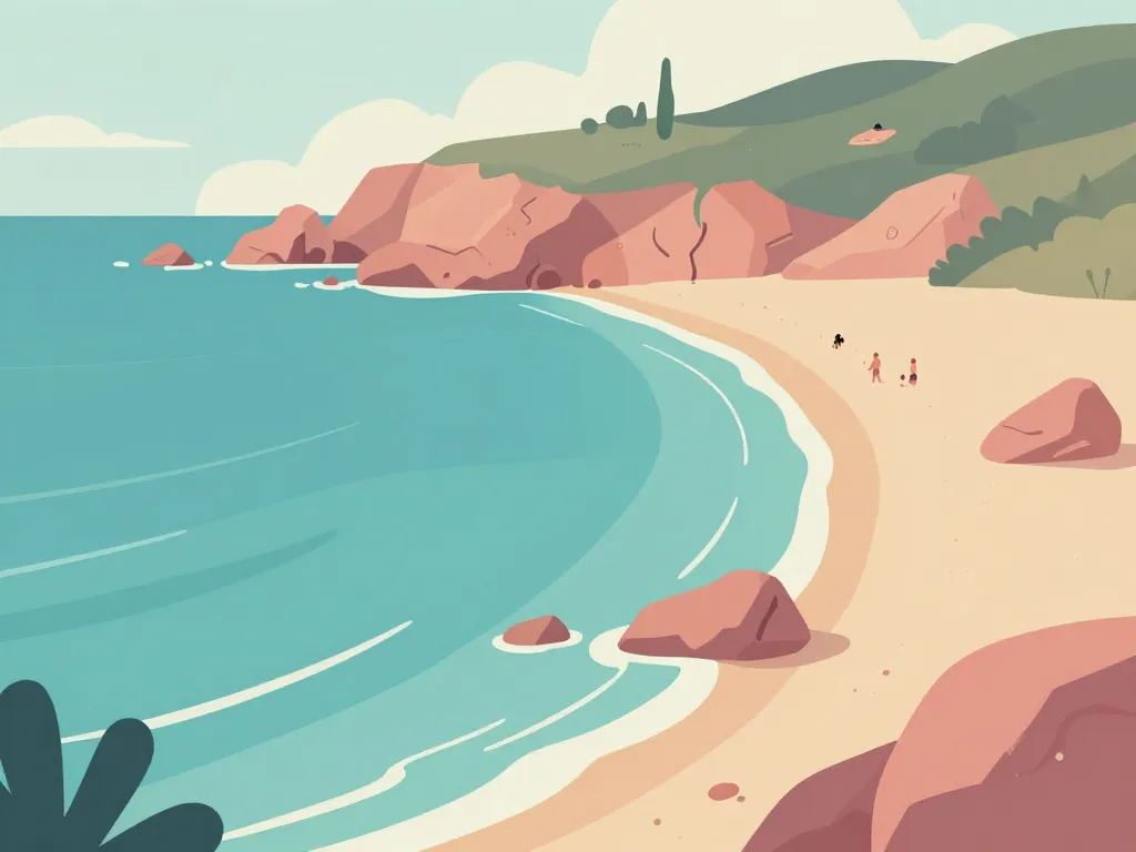 Illustration de la presqu'île d'Isolella, rochers roses et plages