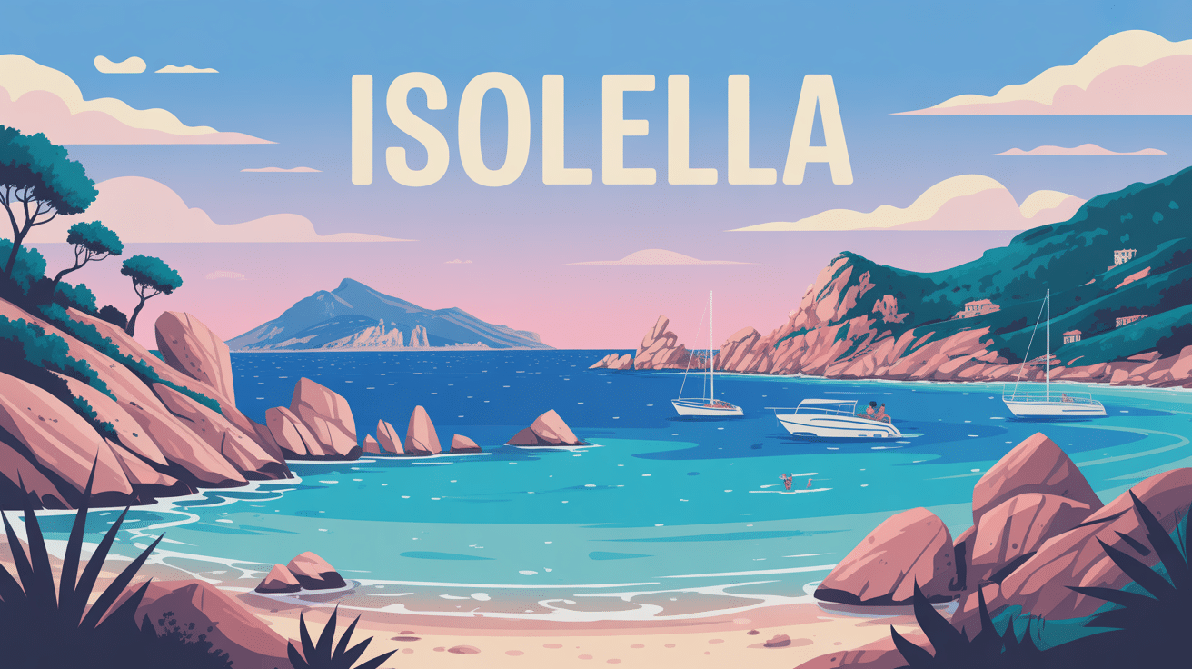 Vue aérienne stylisée de la presqu'île d'Isolella et ses criques