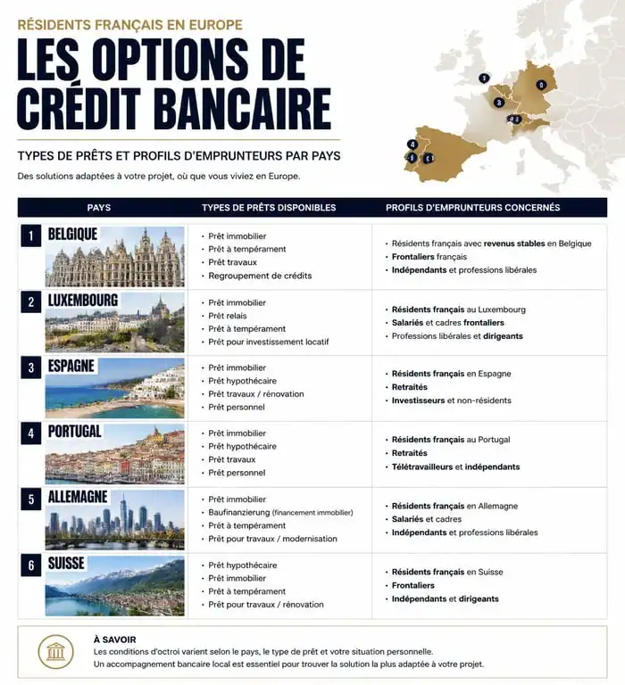Infographie des banques étrangères proposant des crédits aux résidents français par pays et type de financement