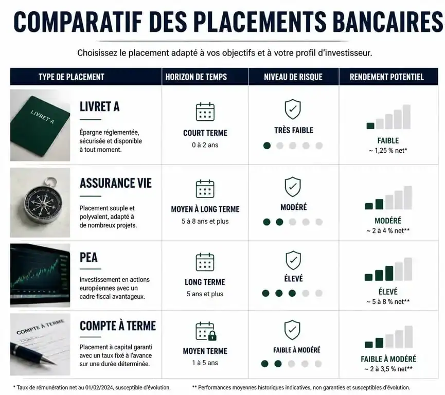 Infographie comparative des placements bancaires : Livret A, Assurance Vie et PEA pour savoir quelle est la meilleure banque pour placer son argent.