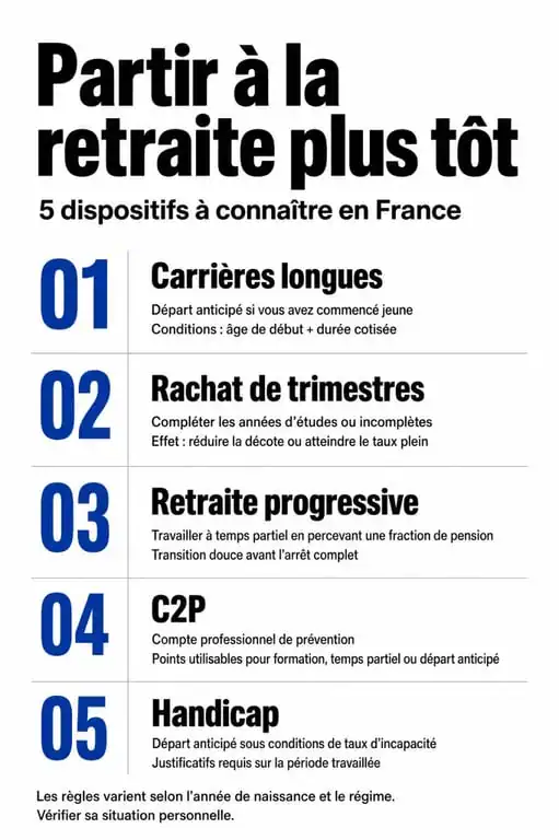 Infographie des dispositifs pour partir à la retraite plus tôt en France
