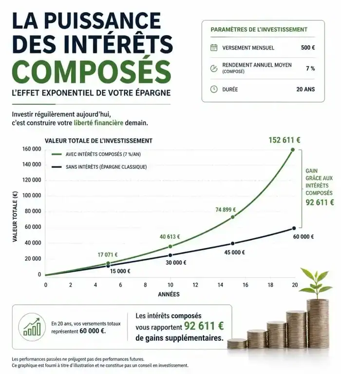 Graphique illustrant la puissance des intérêts composés pour investir en bourse avec un petit budget