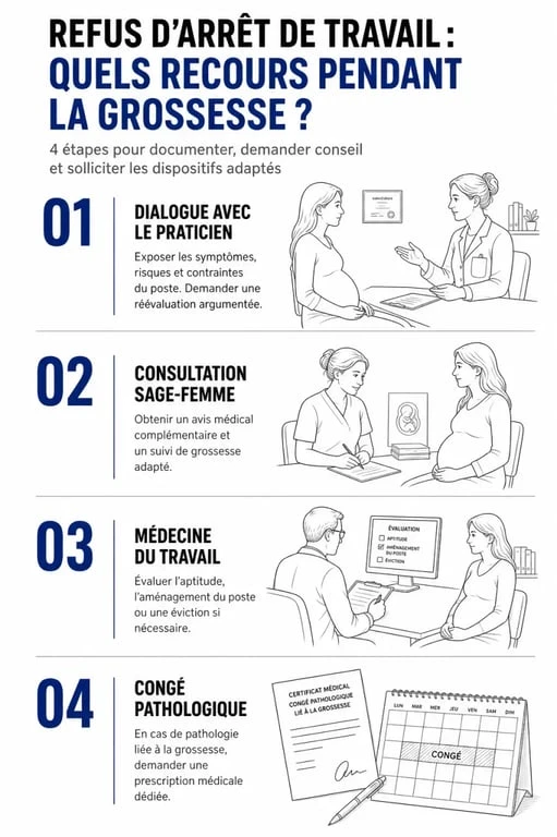 Infographie des recours pour un arrêt de travail pendant la grossesse en cas de refus médical