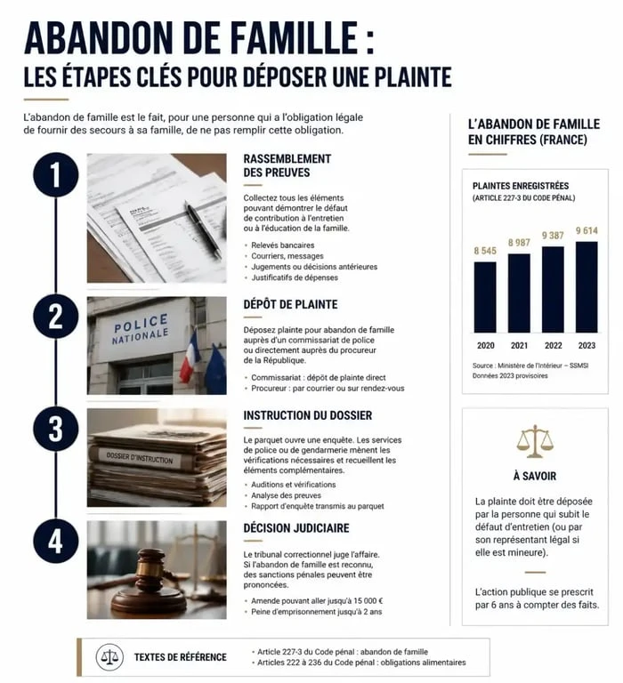 Infographie des étapes de la procédure de plainte pour abandon de famille