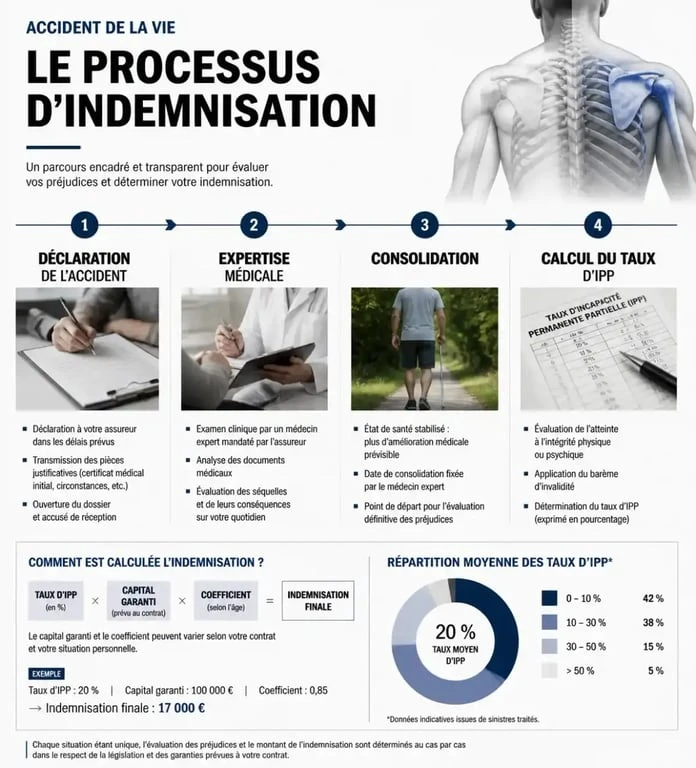 Schéma du processus d'indemnisation après un accident de la vie et calcul du taux d'IPP
