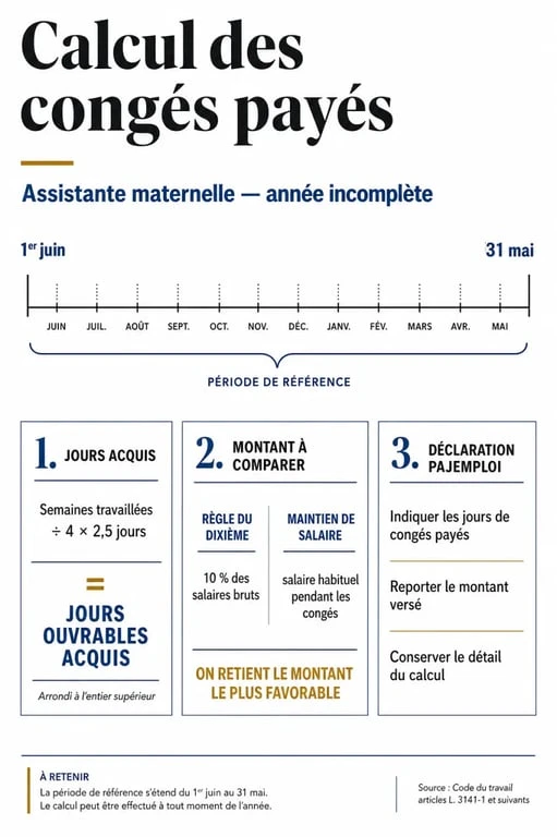 Calcul congés payés assistante maternelle en année incomplète : schéma des étapes de calcul du 1er juin au 31 mai