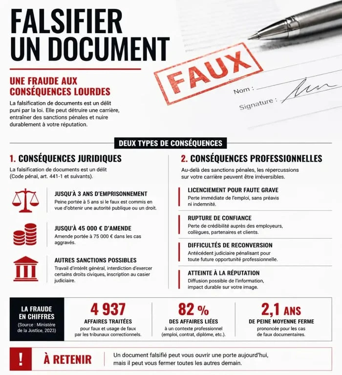 Infographie sur les risques juridiques liés à un faux contrat de travail