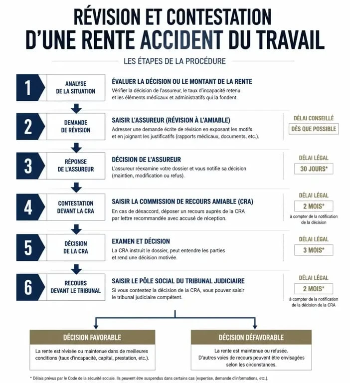 Infographie des étapes de la procédure de révision et de contestation d'une rente accident du travail