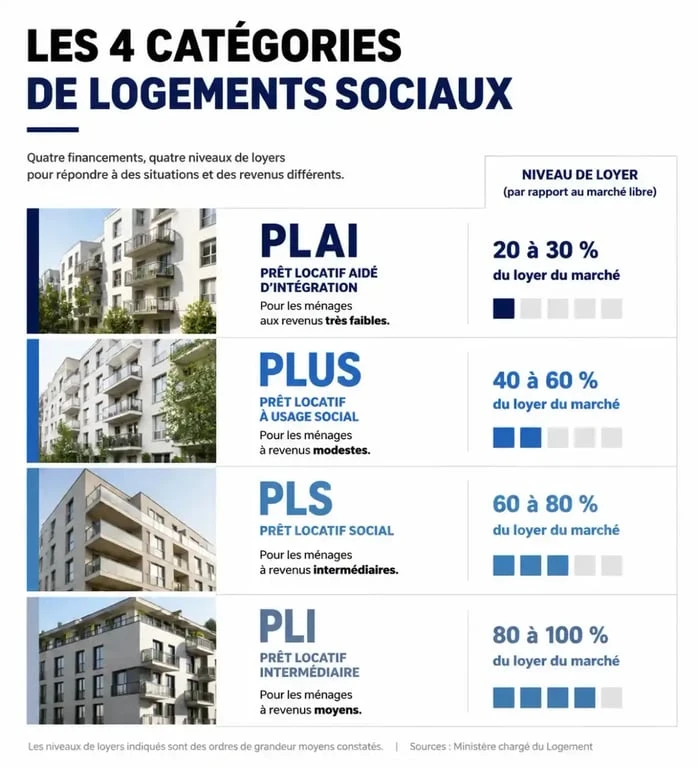 Infographie comparative des types de logements sociaux PLAI, PLUS, PLS et PLI pour un loyer modéré
