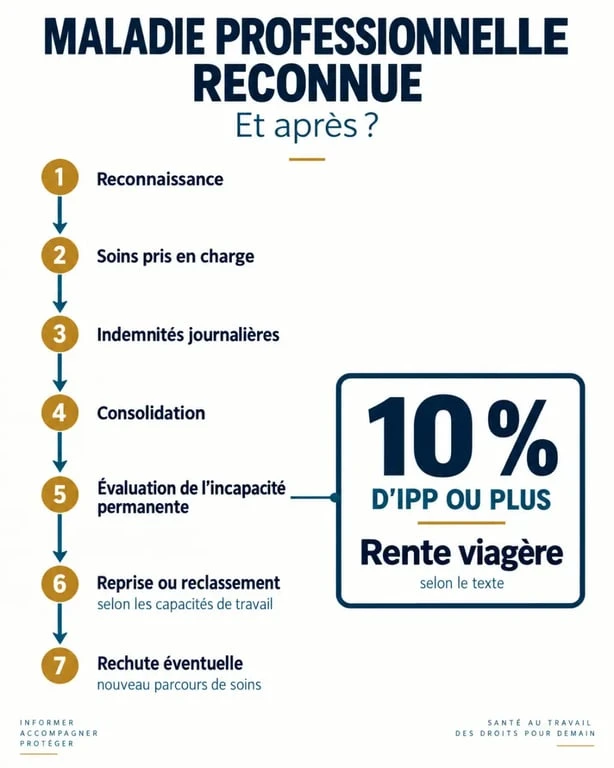 Maladie professionnelle reconnue et après : parcours des soins à la consolidation, à la rente et à la reprise du travail
