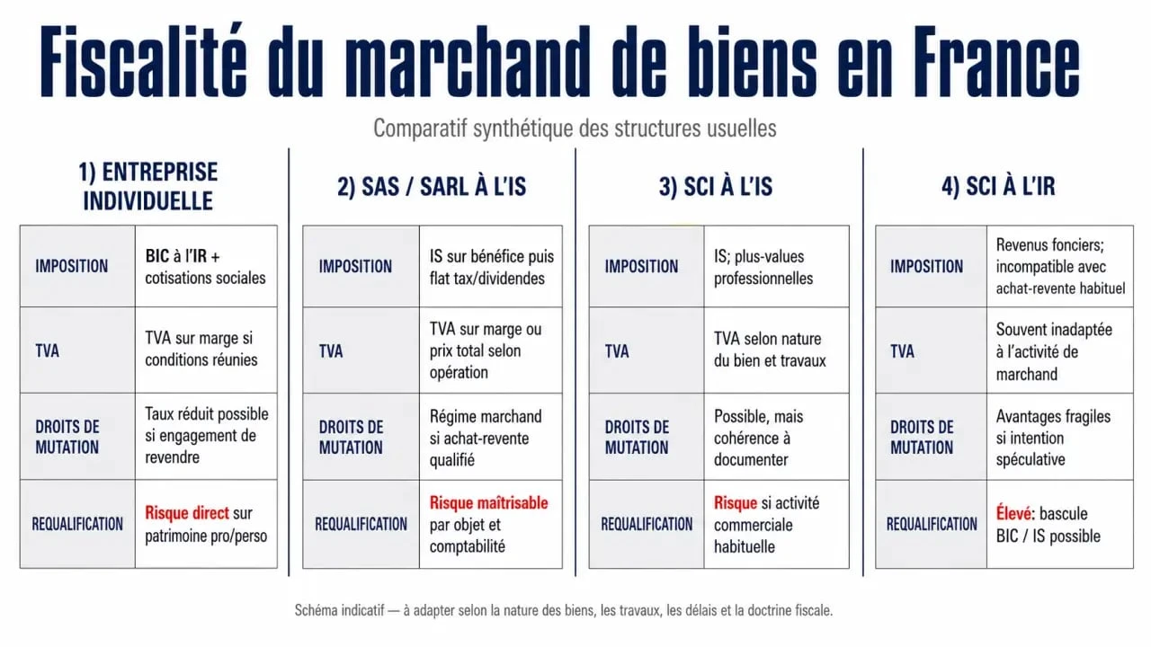Marchand de bien fiscalité : schéma comparatif des statuts, de la TVA, des droits de mutation et des risques fiscaux