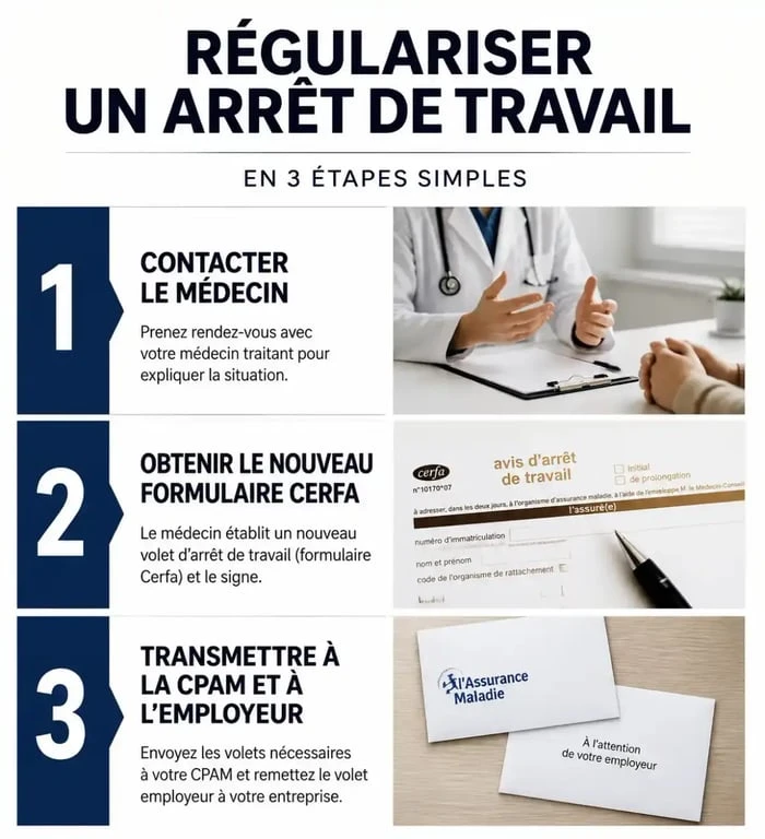 Infographie des étapes de régularisation d'un arrêt de travail mal rempli par le médecin