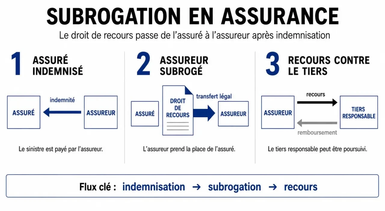 Schéma du mécanisme de subrogation assurance entre assuré, assureur et tiers responsable