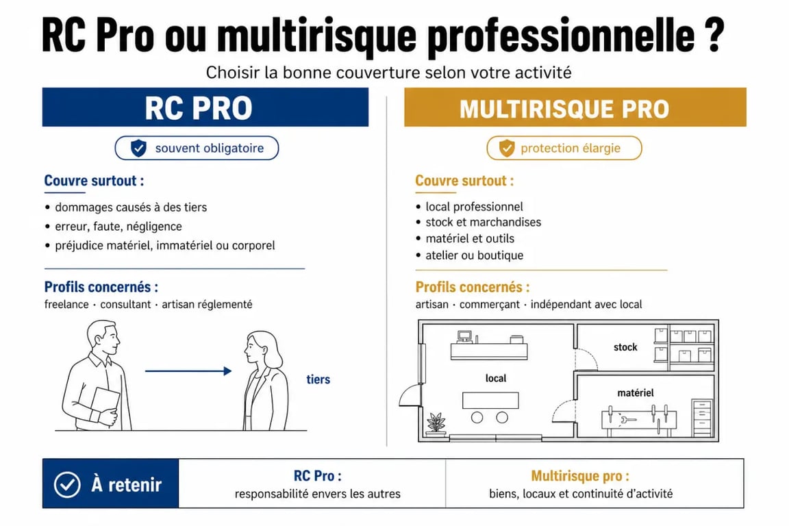Quelle assurance professionnelle choisir : comparaison visuelle entre RC Pro et multirisque professionnelle pour indépendant, artisan ou commerçant