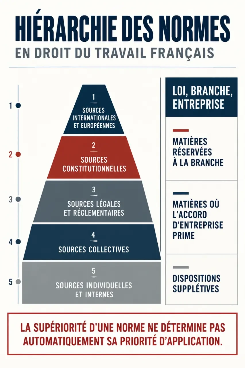 Infographie sur la hiérarchie des normes en droit du travail et l'articulation entre loi, branche et entreprise