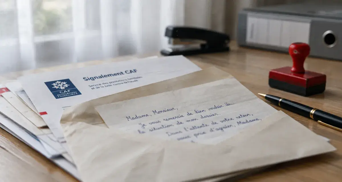 Modèle lettre dénonciation caf anonyme : courrier CAF sur table